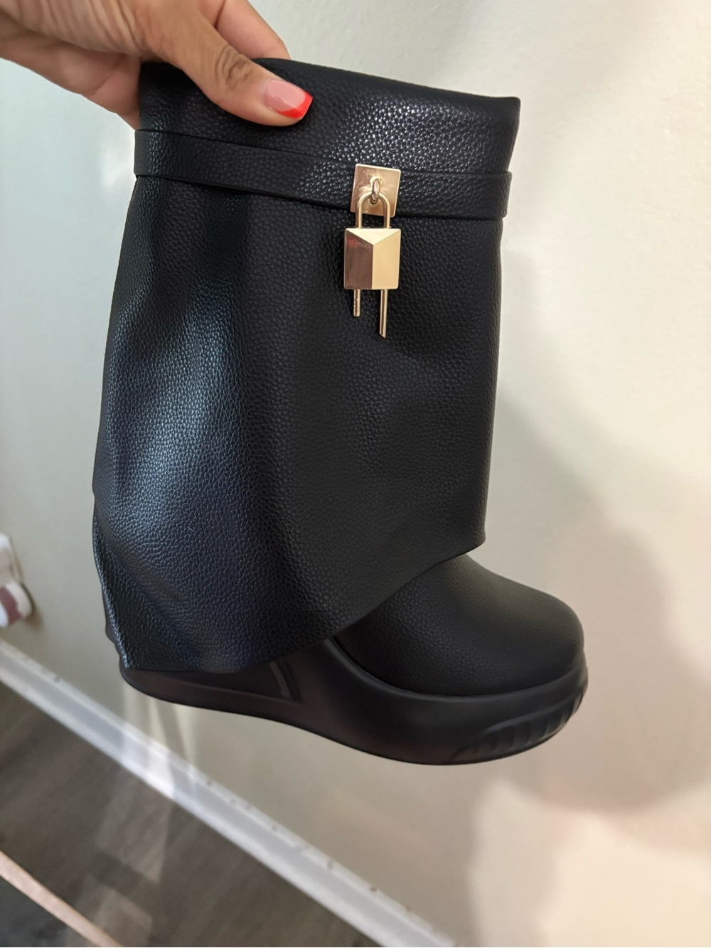 Black Women's Wedge Boot with Gold Accent